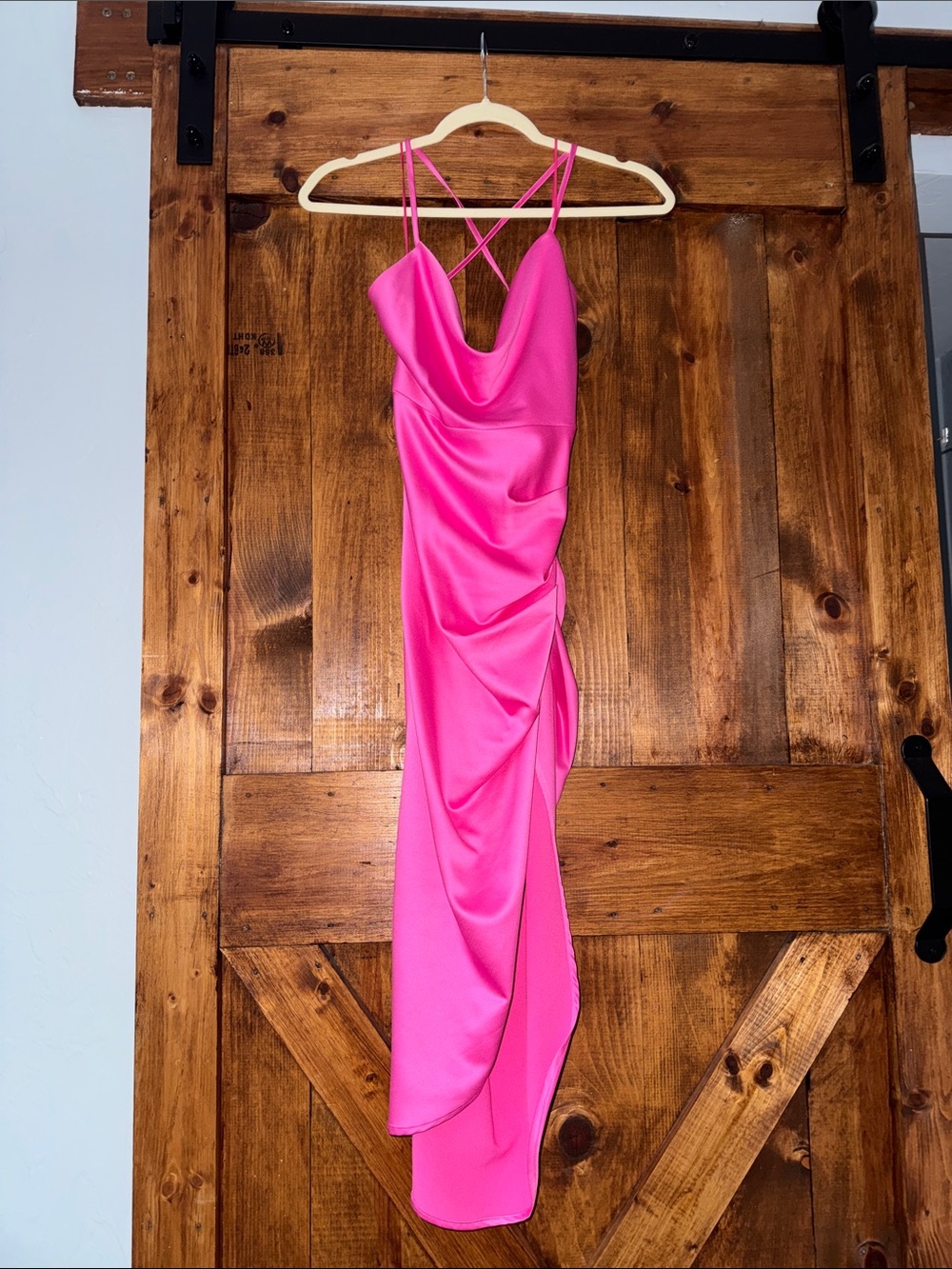 Hot Pink Slip Dress with Cowl Neck and Strappy Back
